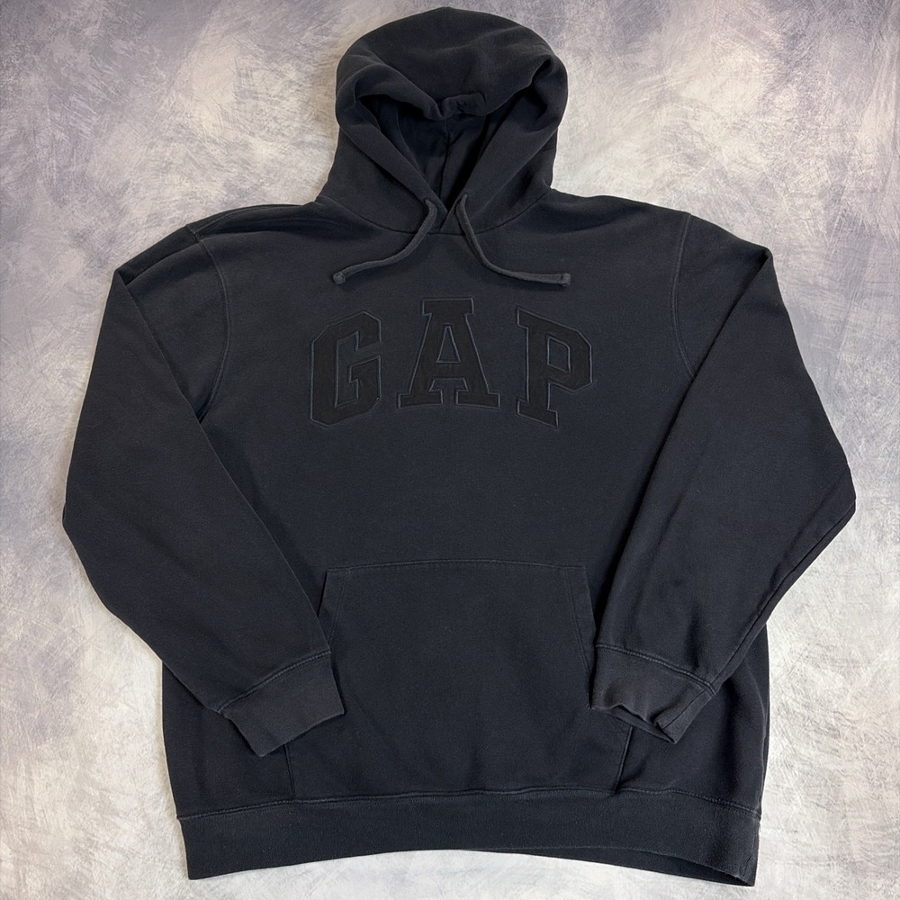 Gap Hoodie Mens XL Tall Black Tonal Logo Pullover Fleece Sweatshirt